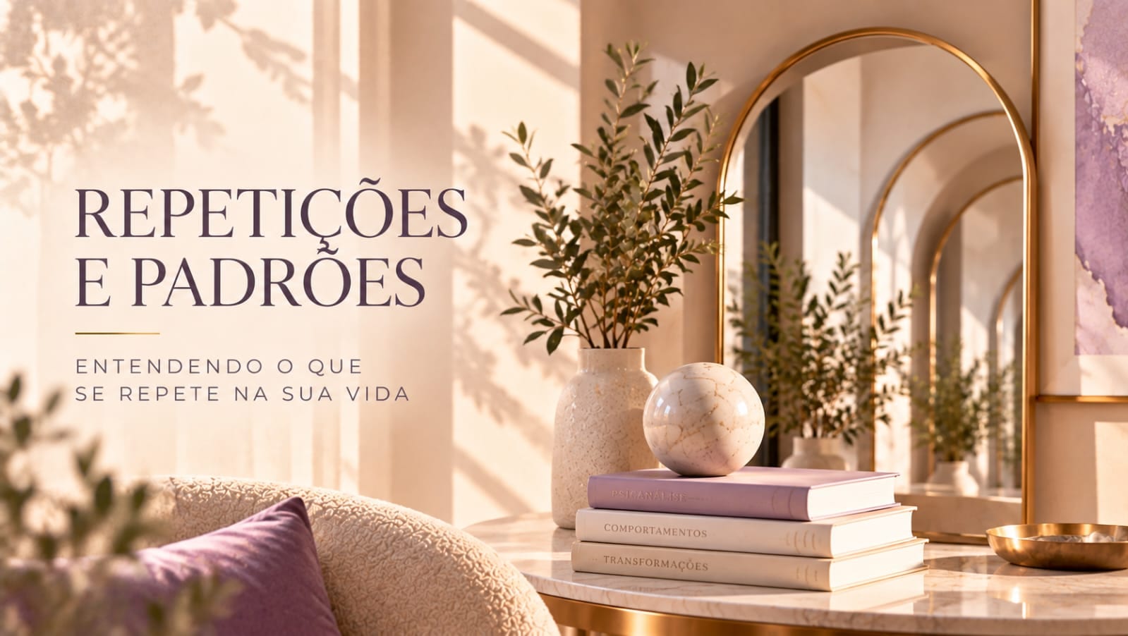 Espelhos em arco refletindo-se em sequência, com vaso, livros e almofada lilás, e o título Repetições e padrões: entendendo o que se repete na sua vida